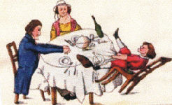 Nach dem Tischtuch greift er, schreit. Doch was hilft's?